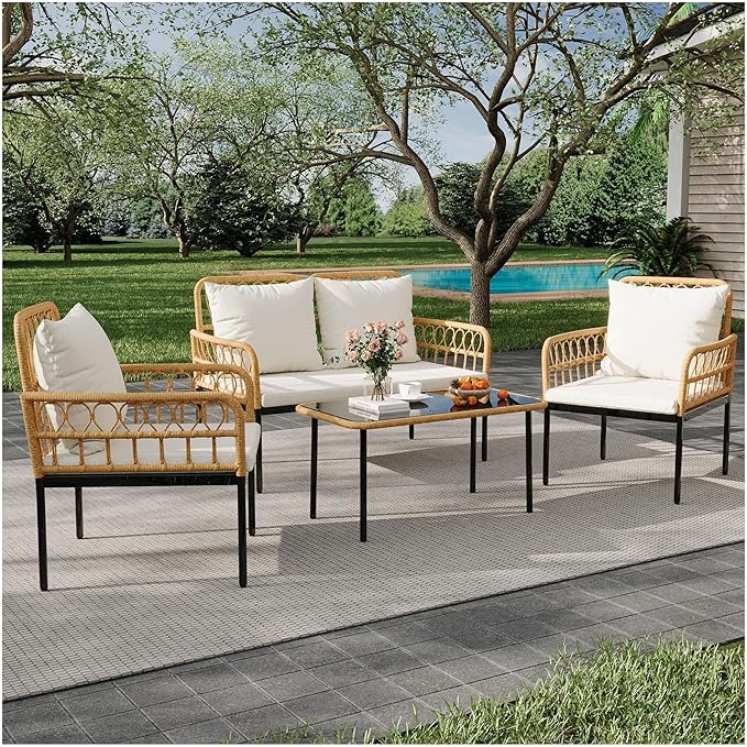 4 Pieces Patio Furniture Set Outdoor Wicker Rattan Bistro Set with Glass Table and Thick Cushions Boho Loveseat Chairs for Balcony Garden Backyard Poolside，Beige