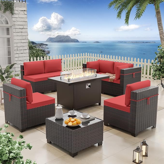ALAULM 8 Pieces Patio Furniture Set with Aluminum Fire Pit Table Outdoor Furniture Sets 55000BTU Gas Fire Pit Brown PE Rattan Wicker Patio Conversation Sets w/6 Cushions-Red
