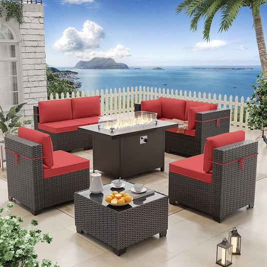 ALAULM 8 Pieces Patio Furniture Set with Aluminum Fire Pit Table Outdoor Furniture Sets 55000BTU Gas Fire Pit Brown PE Rattan Wicker Patio Conversation Sets w/6 Cushions-Red