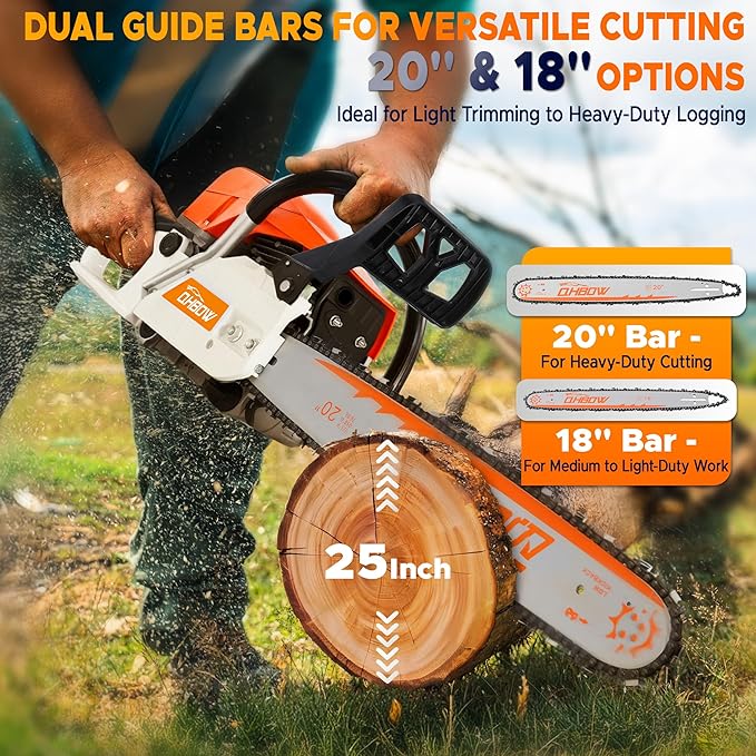 58 cc 2-Cycle Gas Chain Saw, 20 in & 18 in Gas Powered Chainsaw, Handheld Powerful Gasoline Chain Saw, Quick-Start System, Professional & DIY for Cutting Wood Tree Trimming