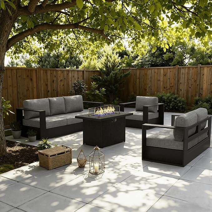 LayinSun Oversized Aluminum Outdoor Furniture Set, 4 Piece Patio Sofa Sets with Fire Pit Table, Deep Seating and Upgraded 6-inch Cushions for Porch, Balcony, Deck
