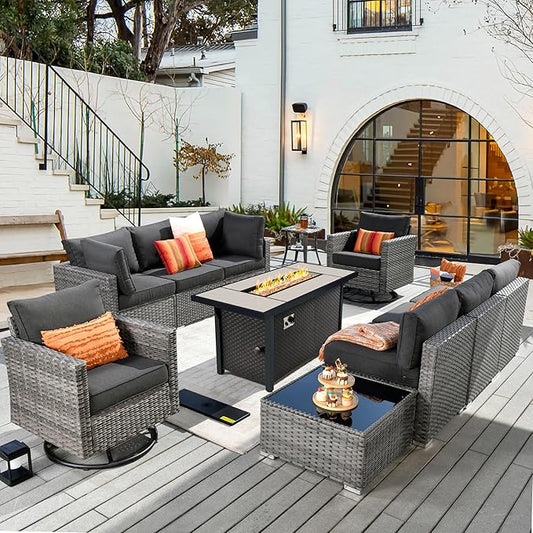 11 Piece Outdoor Patio Furniture Set with 53" Fire Pit Table, Wicker Sectional Conversation Set Whit Swivel Chairs,Modern Outside Sofa for Balcony Backyard(Black)