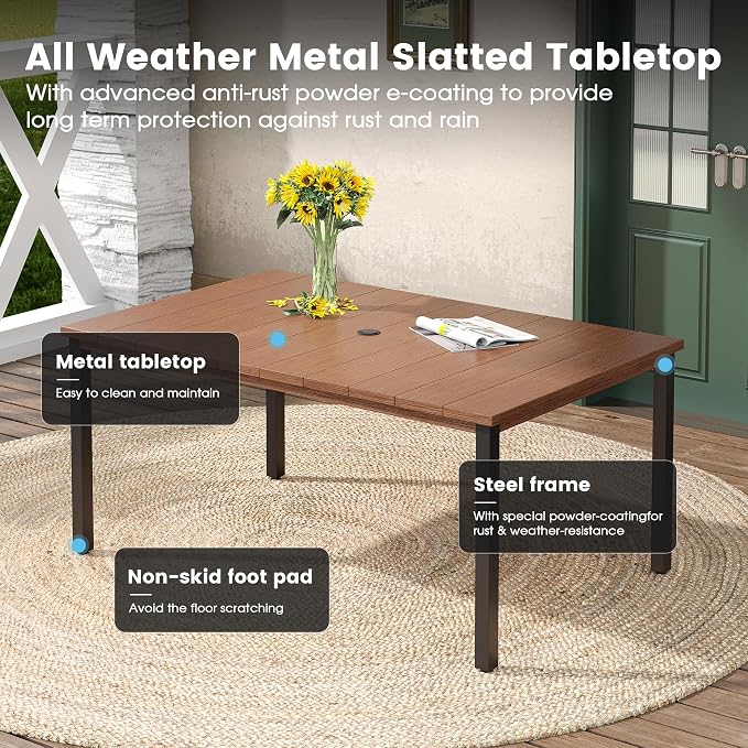 DIFY 7 Pieces Outdoor Patio Dining Set for 6, Swivel Dining Chairs with Brown Textilene and 63" Walnut Rectangle Metal Dining Table, Outdoor Table and Chairs for Lawn Garden Backyard Deck