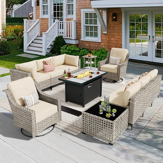CAODOC 11 Pieces Outdoor Patio Furniture Set, Rattan Wicker Sectional Swivel Rocker Chairs Sets with Fire Pit, Swivel Glider Chairs, and Solar Powered Table