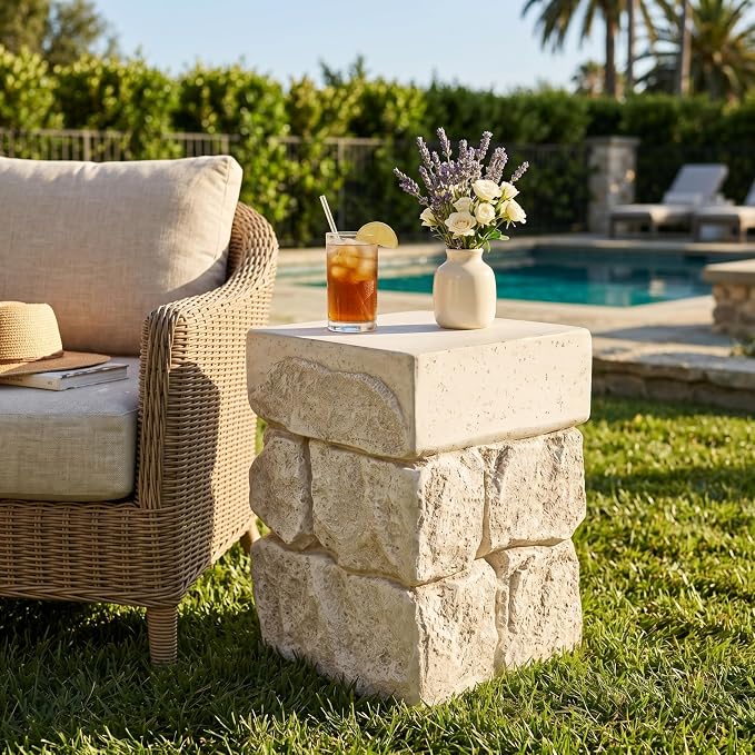 Square Outdoor Concrete Side Table, Patio End Table, Faux Stacked Stone Accent Table with Wave for Indoor Outdoor, Garden Stool Coffee Table for Patio, Garden, Backyard - 14.57" Beige MgO