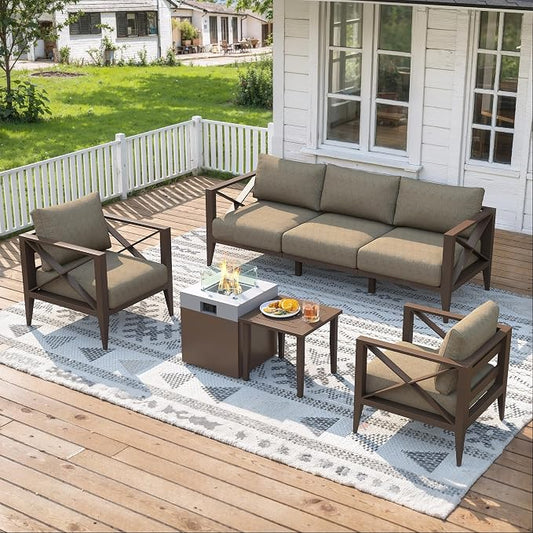 Aluminum Patio Furniture Set, 7-Piece Oversized Outdoor Conversation Set with Fire Pit Table & Coffee Table, All Weather Modern Brown Sofa for Deck, Garden, Poolside