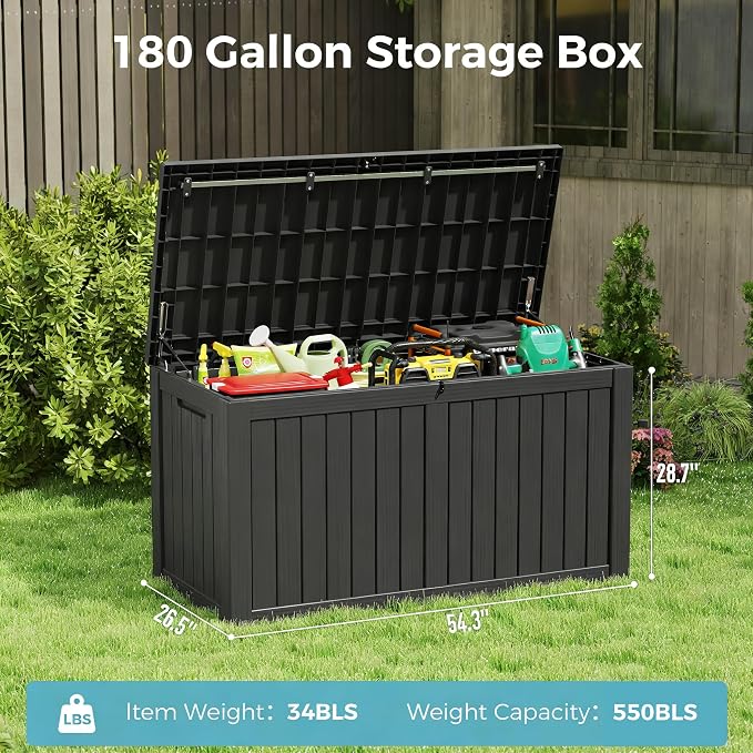 Outdoor Storage Box, Resin Deck Boxes Indoor and outdoor, Waterproof Storage Box Lockable Lid (Black,180 Gallon)