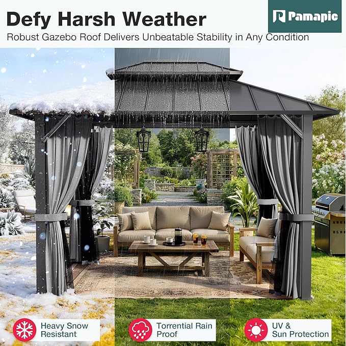 PAMAPIC 10x12FT Hardtop Gazebo,Galvanized Steel Double Roof with Aluminum Frame,Outdoor Permanent Pavilion with Breathable Netting & Privacy Curtain for Patio,Backyard,Deck,Lawn,Gray