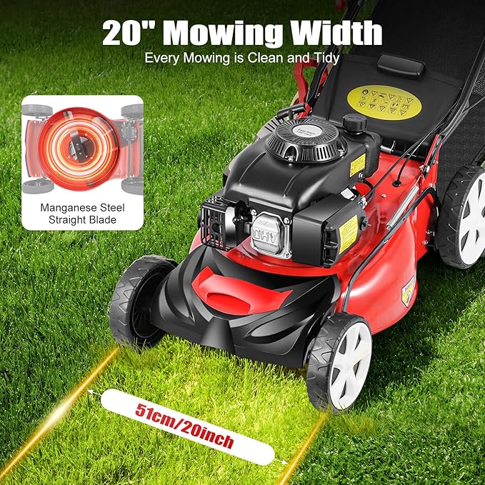 140cc Gas Powered Self Propelled Lawn Mower - Easy to Start,20”Adjustable Height Multi Functional Gas Push Lawnmower with Eight Gears for Yard Garden, Self-Propelled Rear Wheel System Red