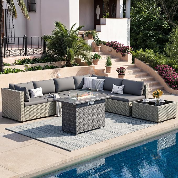 8 Piece Patio Furniture Set with 44" Fire Pit Table, Outdoor Sectional Wicker Rattan Sofa Set with Coffee Table (Grey/Grey)