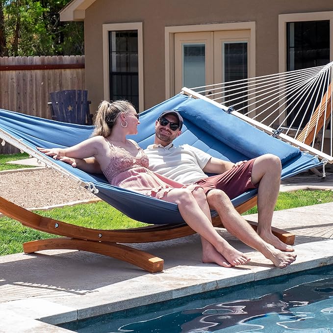 SUNCREAT Hammocks 2 Person Hammock with Stand, Hammock Cover, Portable Patio Hammock with 13.5 ft Wooden Stand, Navy