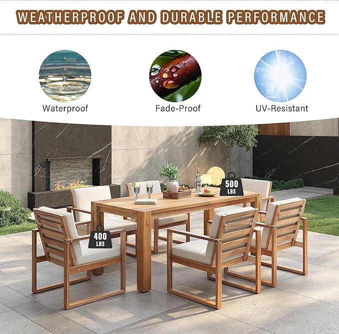 Merax Patio Table and Chairs Set, Outdoor Dining Set for 6 with Umbrella Hole, 7 Piece Outdoor Patio Furniture Set Wood Frame with Removable Cushion for Garden, Backyard, Lawn, and Poolside