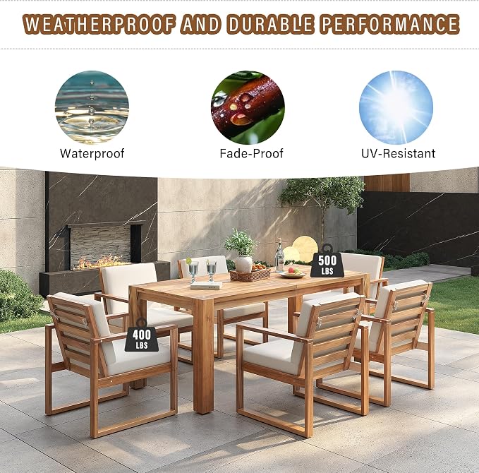 Patio Table and Chairs Set with Umbrella Hole, 7 Piece Outdoor Patio Furniture Set Wood Frame with Removable Cushion for Garden, Backyard, Lawn, and Poolside,Light Teak