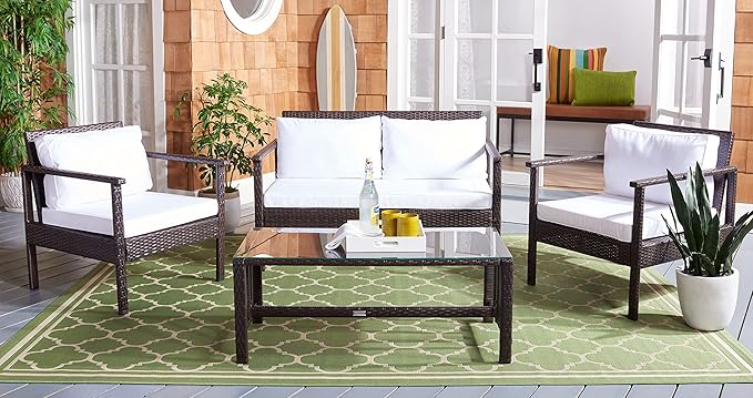 Safavieh Outdoor Collection Garnen Wicker Cushion 4-Piece Living Set PAT7714C, Brown/White