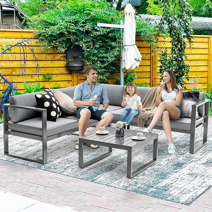 Giantex 4 Piece Patio Furniture Set, Aluminum Sectional Patio Sofa Set, 4 Inch Thick Seat & Back Cushions, Convenient Coffee Table, Outdoor Metal Conversation Set for Backyard Garden Poolside
