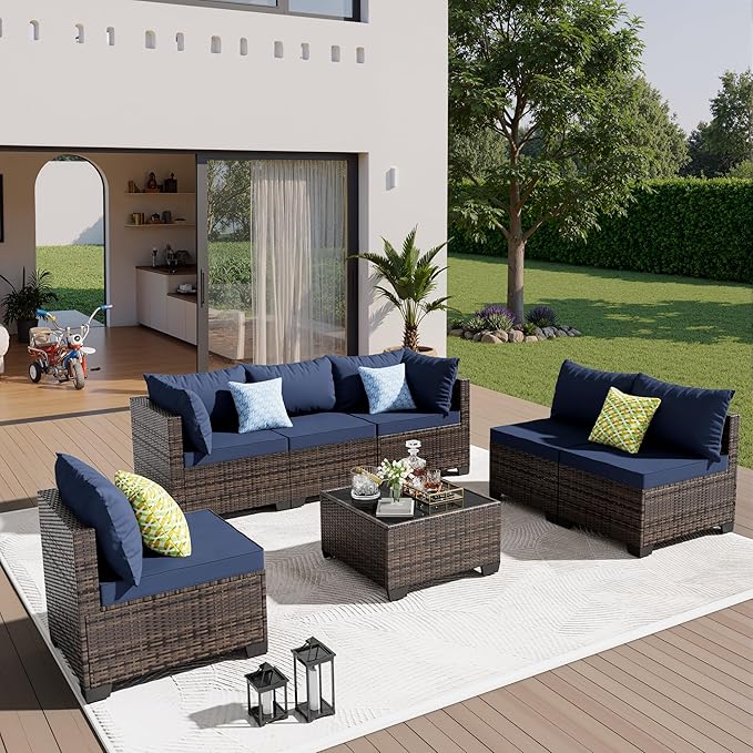 7 Pieces Patio Furniture Set - Outdoor Sectional Wicker Rattan Furniture with Cushion and Glass Table Patio Conversation Sets for Porch Poolside Backyard Outdoor Sofa Set Modular Sofa