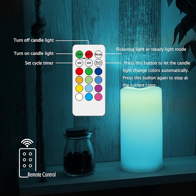Outdoor Waterproof Color Changing Flameless LED Pillar Candles with Remote Battery Operated Plastic Decorative Multi-Color Lights for Halloween Christmas Party Centerpiece Decorations 3"x4" 3pack