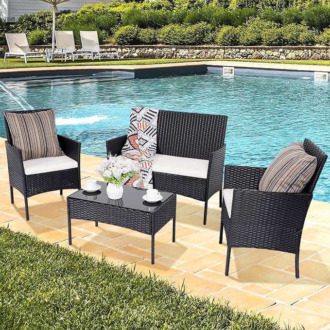 Patio Furniture Set 4 Pieces Conversation Sets Outdoor Wicker Rattan Chairs Garden Backyard Balcony Porch Poolside Loveseat with Soft Cushion and Tempered Glass Table(Black)