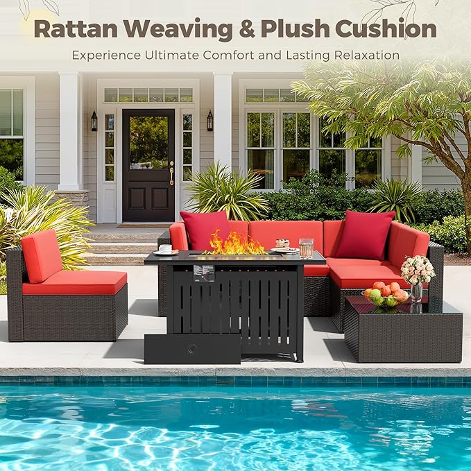 Flamaker 7 Pieces Patio Furniture Set with Fire Pit Table Outdoor Sectional Patio Sofa Furniture Set with Gas Fire Pit and Coffee Table & Ottoman Cushion Pillows, Red