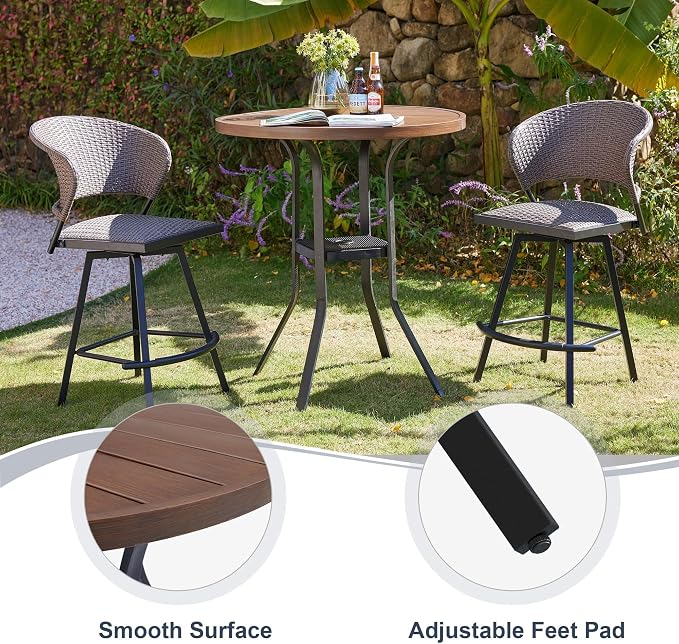 VICLLAX Patio Bar Height Table, Outdoor Round Bar Table with Umbrella Hole for Balcony, Porch, Deck, 37" Walnut