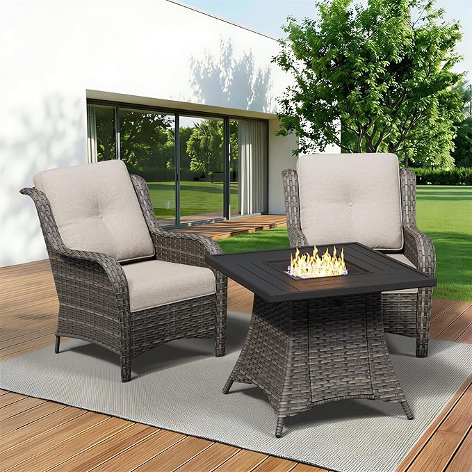 3 Pieces Outdoor Wicker Patio Furniture Set with Fire Pit Table, Patio Chair Set with Thickened Olefin Cushions, High Back and Deep Seating, Hand-Woven PE Rattan for Porch, Deck