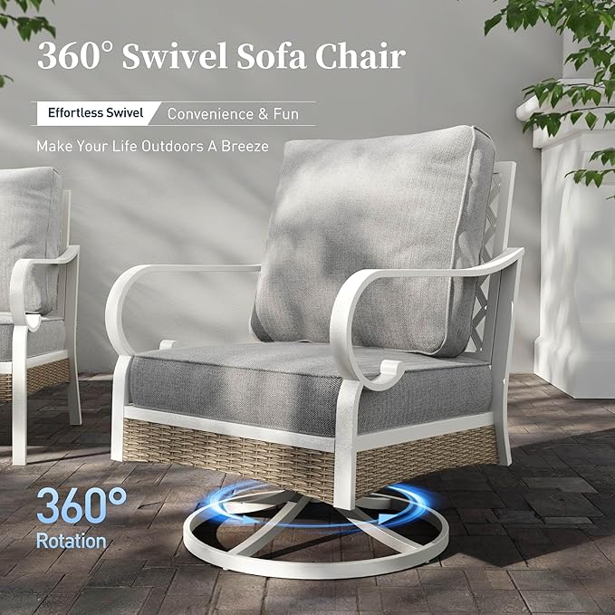4 PCS Metal Outdoor Patio Furniture Set, Patio Conversation Sets 1 3-Seater Sofa, 2 Swivel Chairs with 5.75" Extra Thick Cushion and Coffee Table, White Frame Backyard Furniture, Gray