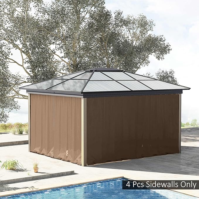 Outsunny 10' x 10' Universal Gazebo Sidewall Set with Panels, Hooks and C-Rings Included for Pergolas and Cabanas, Brown