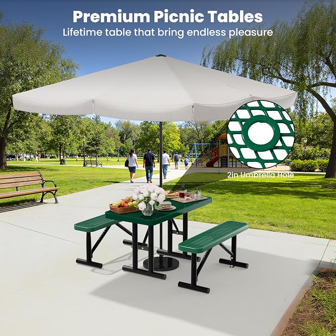 4FT Metal Picnic Tables for Outdoors, Commercial Rectangular Picnic Table for Outside, Park, Campfield, Patio, Garden, Yard, Thermoplastic Coating, Surface Mounted, Green