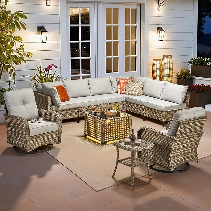 CAODOC Outdoor Sectional Patio Furniture Set,10 Pieces Wicker Conversation Sets L Shaped Couch,Out Door Sofa Outside Furniture with Swivel Chairs,Gray