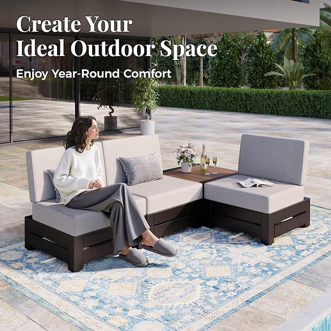 4-Piece Outdoor Patio Furniture Set, Steel Sectional Patio Conversation Sets, All-Weather Outdoor Sectional Furniture with Waterproof Thick Cushions for Porch, Garden, Backyard, Deck, Beige