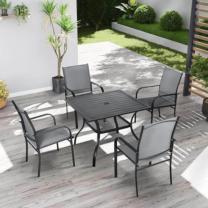 Crownland 5 Piece Patio Dining Set, Outdoor Textilene Dining Sets, 4 Textilene Metal Chairs and Square Outdoor Dining Table with 1.57" Umbrella Hole (Grey)