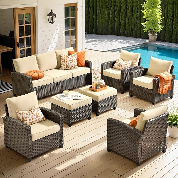ovios 7 Pieces Patio Furniture Set, Outdoor Wicker Sofa Couch with 4 Chairs Comfy Cushions, All Weather Brown Rattan Conversation Set for Backyard Deck Porch, Beige