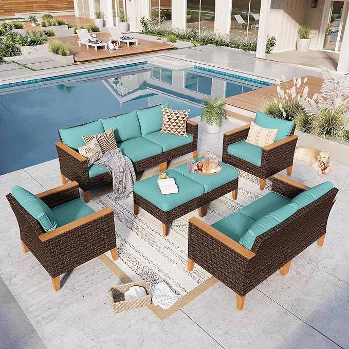 GREEN PARTY 9 Pieces Wicker Patio Furniture Set, All-Weather Outdoor Rattan Patio Sectional Sofa Conversation Set 9 Seats with 4" Thick Cushions for Garden, Backyard, 2 x Ottomans (Blue)