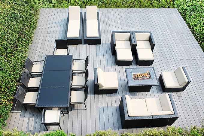20 Piece Outdoor Patio Furniture Black Wicker Conversation Set with Fully Assembled Sectional and 42-inch Propane Gas Fire Table