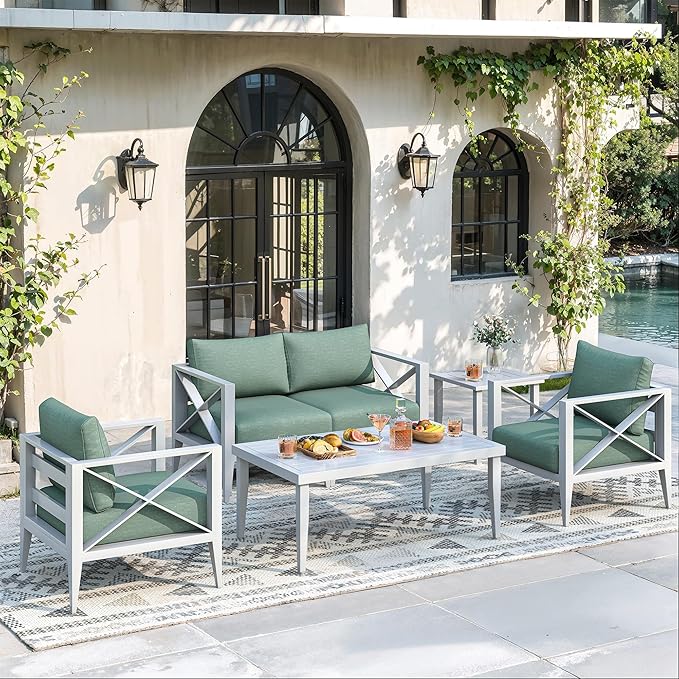 Aluminum 4-Seats Outdoor Patio Furniture Set, Sectional Conversation Sofa Set with 5.2" Thick Cushions & Coffee Tables,Rust-Resistant Frame Seating Sofa for Porch, Garden, Backyard, White