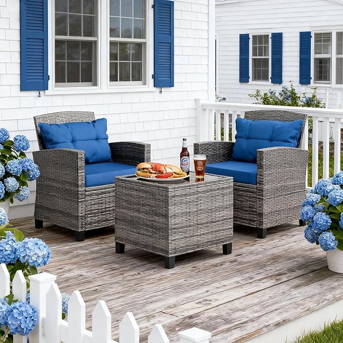 JAMFLY 3 Piece Wicker Patio Furniture Set - Space Saving Outdoor Rattan Conversation Set with Soft Cushions & Glass Coffee Table for Balcony, Porch, Small Backyard - All Weather Blue Bistro Set