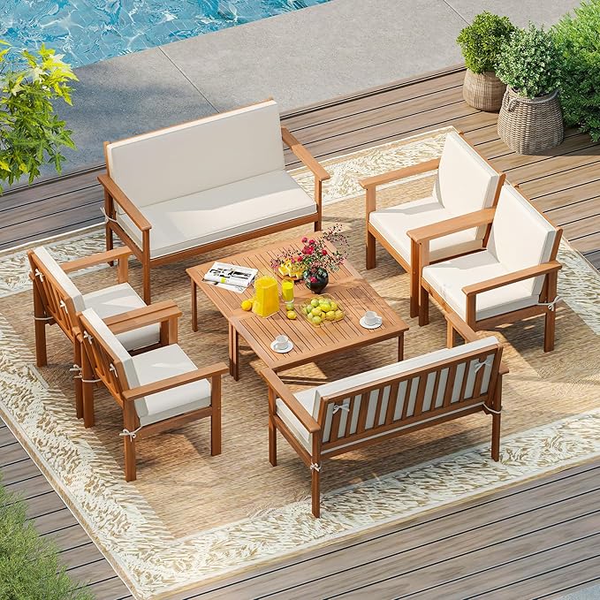 COSTWAY 8 Pieces Acacia Wood Conversation Set, Acacia Wood Porch Chairs with Table, Loveseat and Cushions, Outdoor Conversation Sofa Set for Garden, Balcony and Backyard