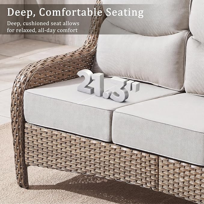 Luxury High Back Outdoor Furniture 6-Inch Thick Cushions with 50,000 BTU Gas Propane Fire Pit Tablet, Patio Furniture Set with Swivel Chairs, for Porch, Balcony, Deck and Yard