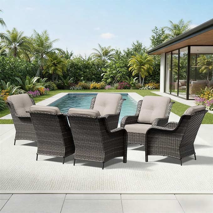 Joyside 6 Piece Wicker Patio Furniture Set, Rattan Patio Chairs with High Back, Deep Seating, Wide Armrest, Thickened Cushions, Outdoor Furniture for Deck, Porch Use