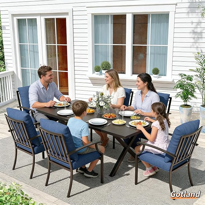 Gotland 7 Piece Outdoor Dining Set, Metal Outdoor Table and Chairs with X-Shaped Legs 1.5" Umbrella Hole, Patio Furniture Set with Waterproof Cushions, Patio Dining Sets for Backyard Deck Navy