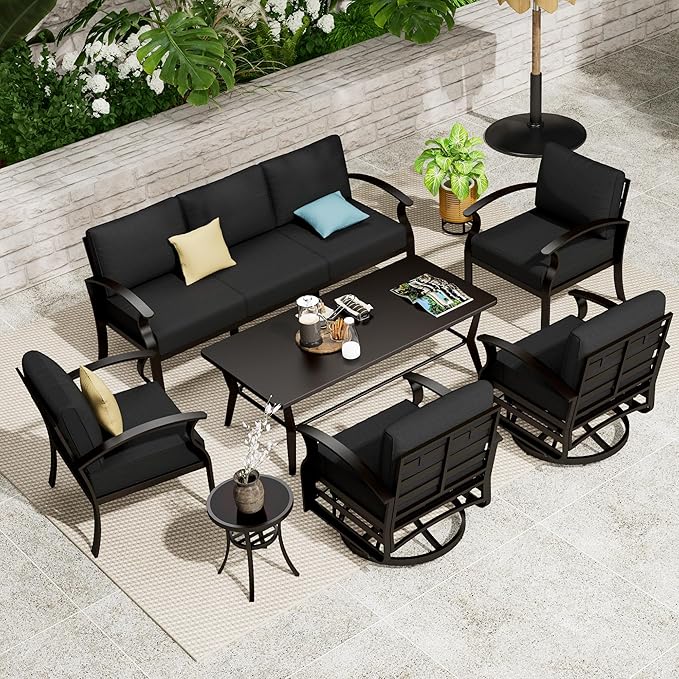 Aluminum Patio Furniture Set with Coffee Table,7 Seats Metal Modern Outdoor Furniture w/5.1" Thick Cushions, Sectional w/Swivel Chairs for Backyard,Black