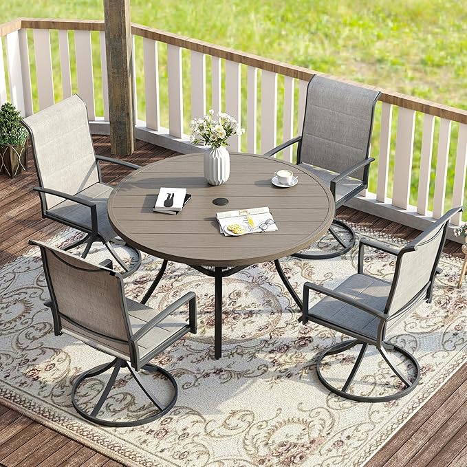 VICLLAX Patio Dining Set for 4, 5 Pieces Outdoor Furniture Set- 40.7" Round Outdoor Table and Swivel Padded Chairs, Grey Wood Grain Tabletop and Grey Fabric