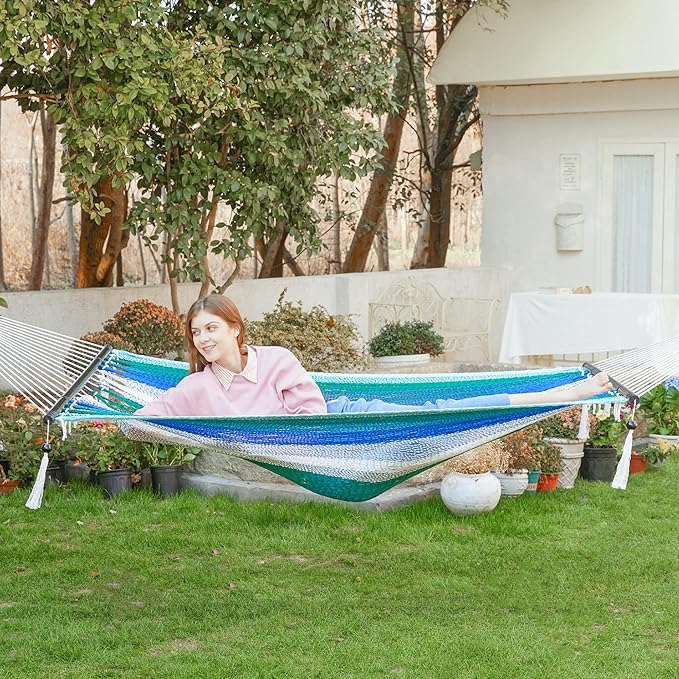 PNAEUT Double Rope Hammocks for Outside, Handwoven Double Caribbean Hammock with Spreader Bar for Outdoor Indoor, Max 600 lbs Capacity (Aqua)