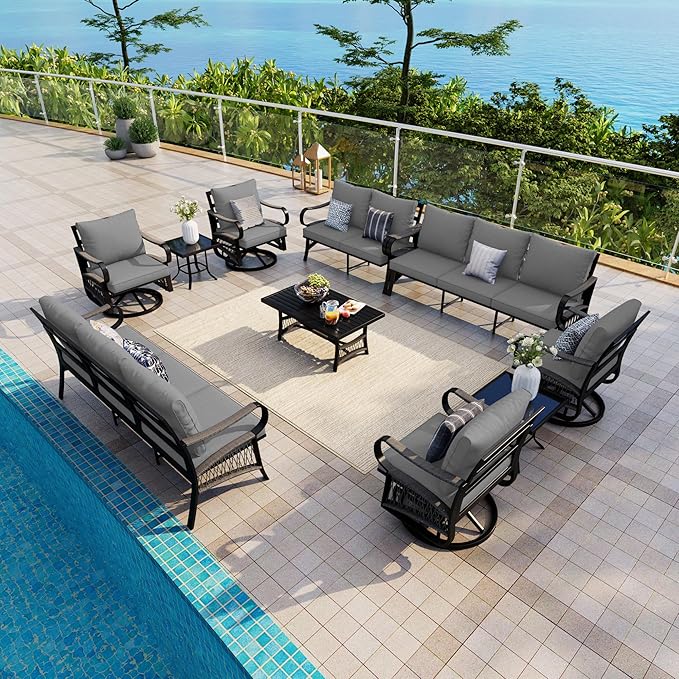 10 Pieces Patio Conversation Sets, All-Weather Metal Swivel Rocking Chairs with Rope Furniture Set, Outdoor Sofa Couch for Deck, Porch, Garden, Backyard, Poolside (Gray Cushions)