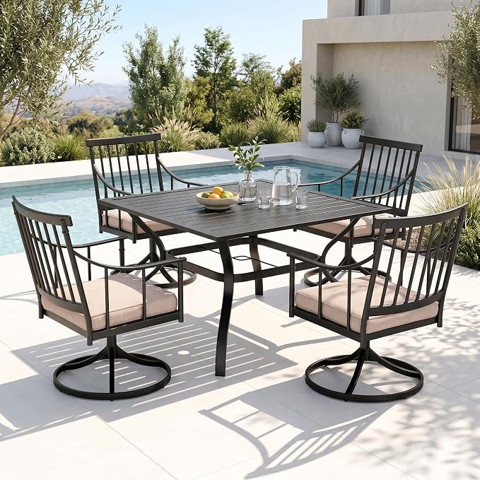 PHI VILLA Patio Dining Set, Swivel Chairs, Square Metal Table | Metal chairs, Umbrella Hole, Cushions, E-coated, powder-coated, for Patio, Deck, Yard, Porch