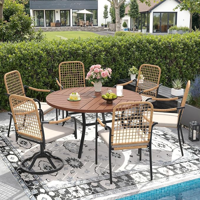 DIFY 7 Pieces Outdoor Dining Set for 6, 50" Walnut Round Metal Table with 4 Stackable Wicker Patio Chairs & 2 Swivel Chairs, Patio Furniture Set with Cushions and Umbrella Hole, Wheat Rattan
