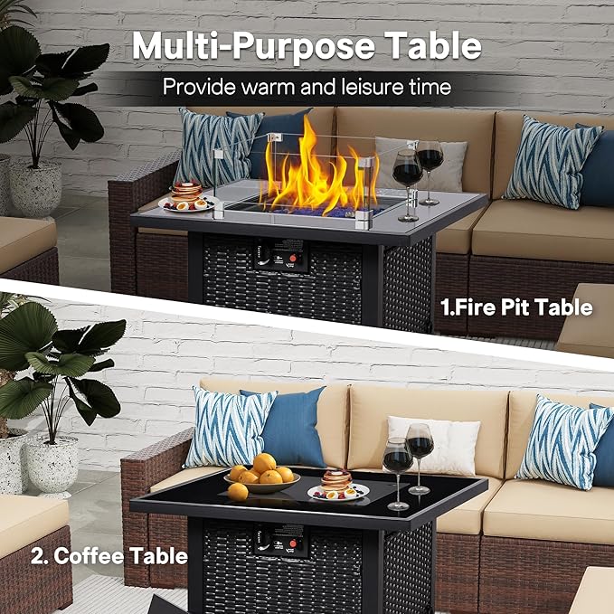 FHFO 8 Piece Patio Furniture Set with 28" Fire Pit Table, Wicker Outdoor Conversation Set Sectional Sofa with Thick Cushions & Coffee Table for Backyard, Poolside, Garden, Brown-Blue