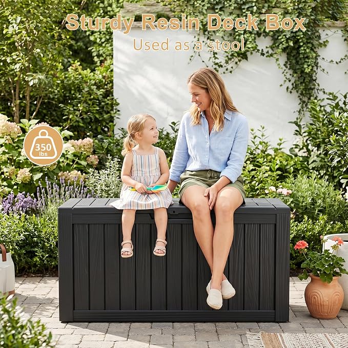 Outdoor Storage Box, 90 Gallon Resin Deck Box, Indoor Outdoor Waterproof Storage Bins With Wheels for Patio Cushions, Gardening Tools, Lockable, Black