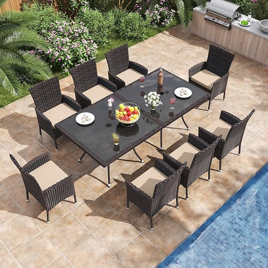 ALAULM 10 Piece Outdoor Patio Dining Set for 8 All-Weather Wicker Patio Furniture Set w/Tempered Glass Tabletop, Removable Cushions and Umbrella Hole for Patio, Backyard, Garden, Poolside (Brown)