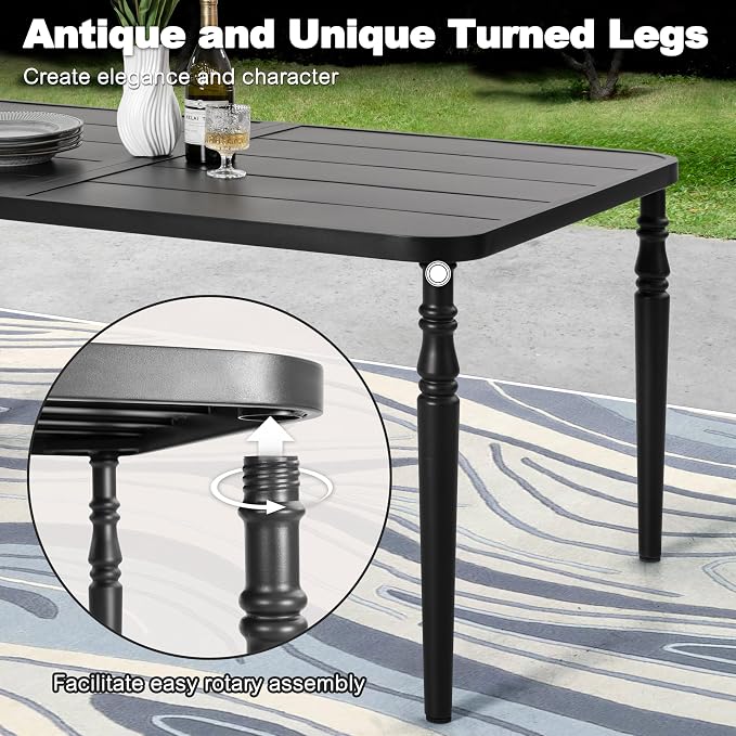 NUU GARDEN 7 Pieces Outdoor Metal Dining Set, Patio Metal Dining Set of 6 Textilene Swivel Chairs and 1 Rectangular Table with Umbrella Hole, Slatted Tabletop and Powder-Coated Frame, Black and Brown